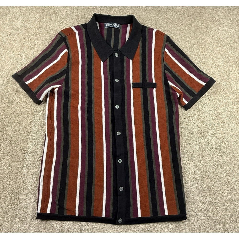 Paul Jones Men's M Knit Polo Shirt Short Sleeve Collared Striped Blue/Orange